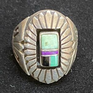 🪶 Vintage Native American–Style Keoni Sterling Silver Inlay Ring/ SIGNED